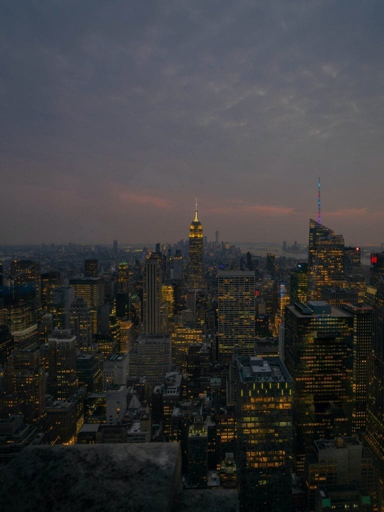 aerial view of city buildings during night time